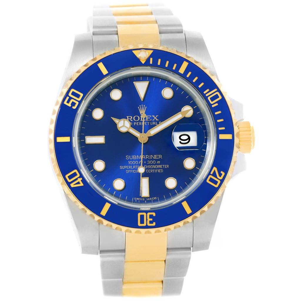 The image shows a front view of a Rolex Submariner 116613 Men's Steel and Gold (two tone) Blue Dial 116613 Men's Steel and Gold (two tone) Blue Dial watch with a blue and gold bezel and two-tone bracelet.