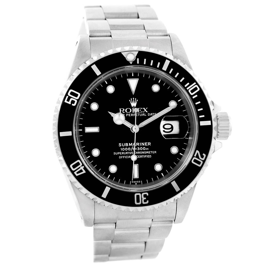 The image shows a front view of a Rolex Submariner 16610 Men's Stainless Steel Black Dial 16610 Men's Stainless Steel Black Dial watch, displaying its face, bezel, and metal bracelet.