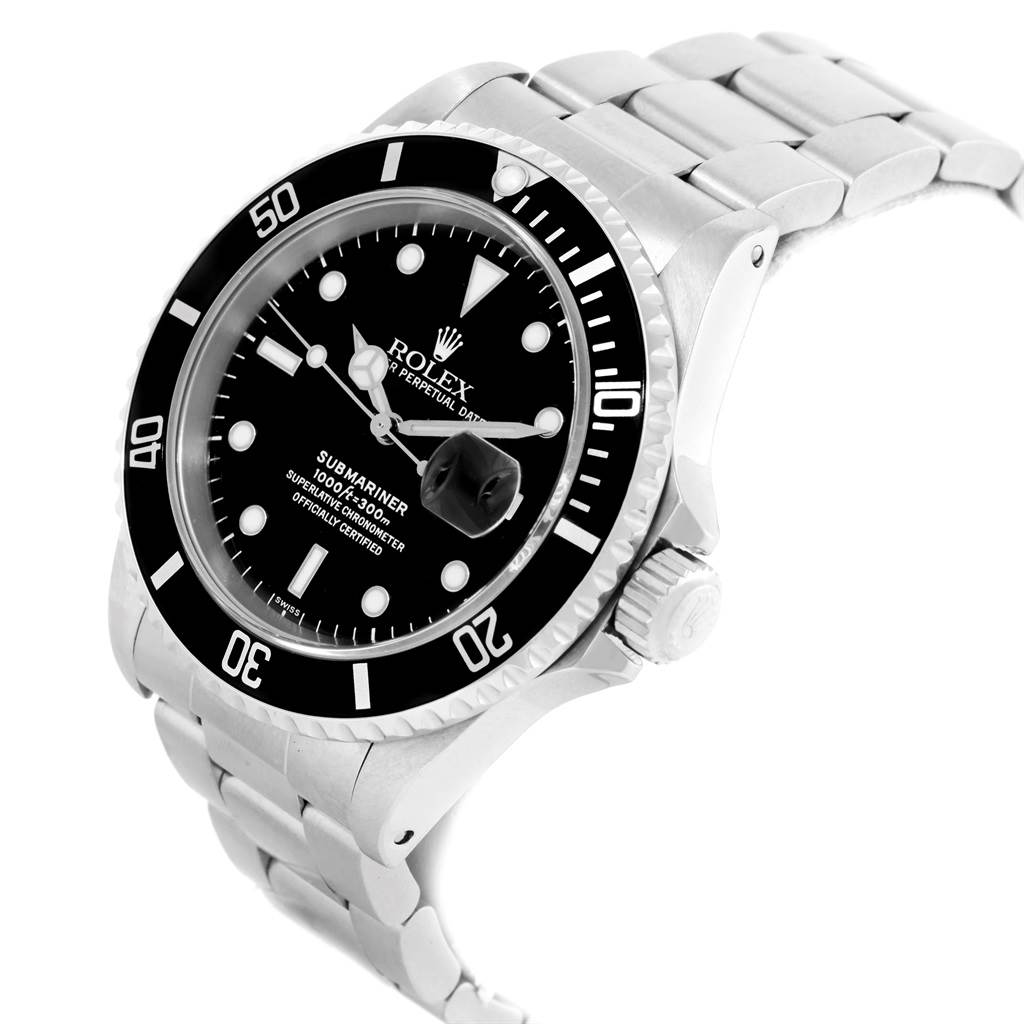 This image shows a side and front angle of the Rolex Submariner 16610 Men's Stainless Steel Black Dial 16610 Men's Stainless Steel Black Dial watch, highlighting the bezel, dial, and bracelet.