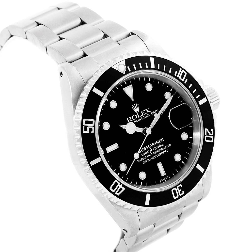 The image shows a top and side angle of a Rolex Submariner 16610 Men's Stainless Steel Black Dial 16610 Men's Stainless Steel Black Dial watch, highlighting its dial, bezel, and bracelet.