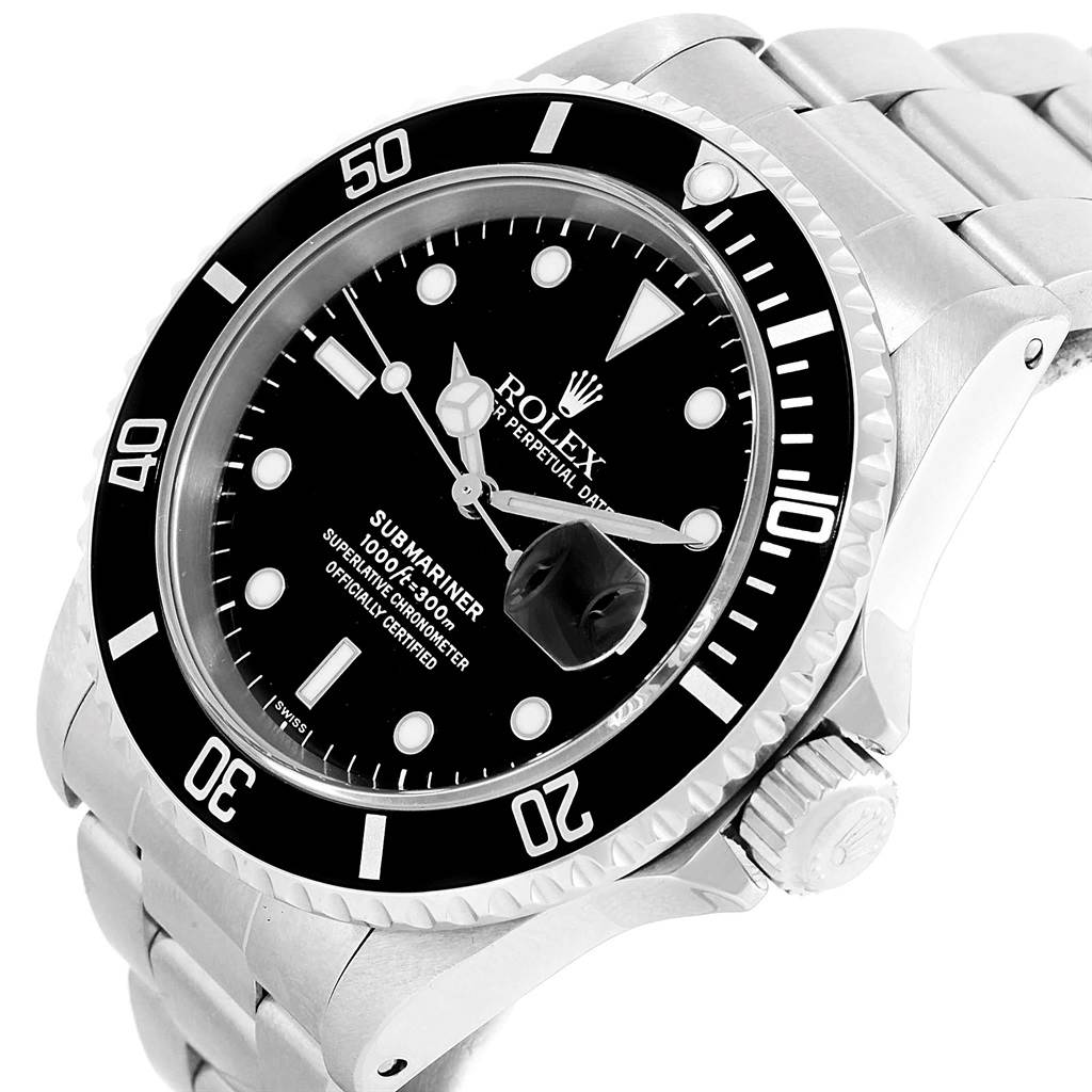 The image shows a close-up angled view of the face and bezel of a Rolex Submariner 16610 Men's Stainless Steel Black Dial 16610 Men's Stainless Steel Black Dial watch.
