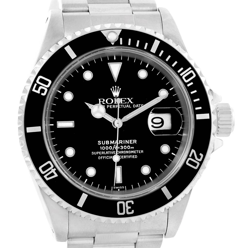 The image shows a front view of a Rolex Submariner 16610 Men's Stainless Steel Black Dial 16610 Men's Stainless Steel Black Dial, displaying the dial, bezel, and part of the stainless steel bracelet.