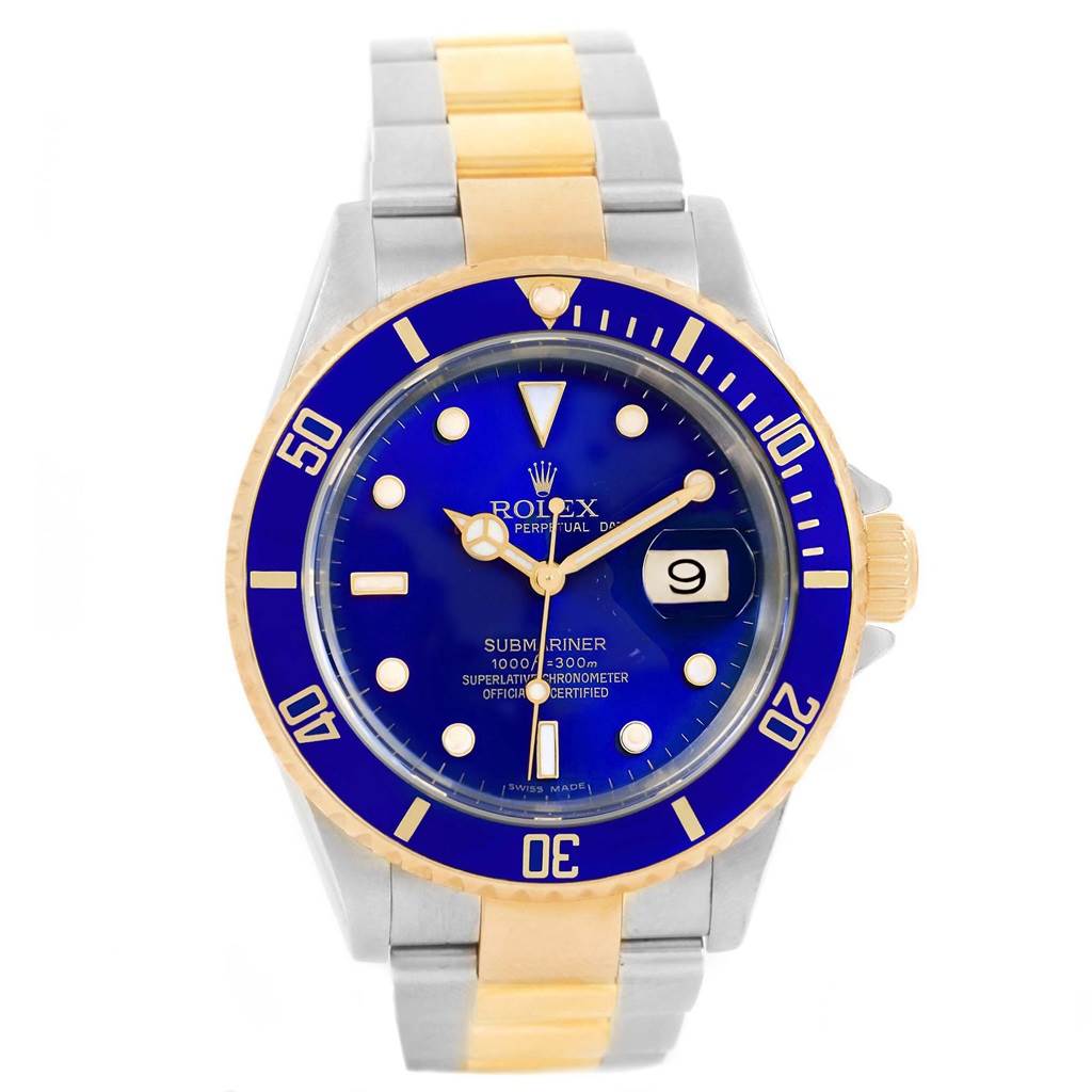 This image shows a front view of the Rolex Submariner 16613 Men's Steel and Gold (two tone) Blue Dial 16613 Men's Steel and Gold (two tone) Blue Dial watch with a blue dial, blue bezel, and two-tone gold and silver bracelet.