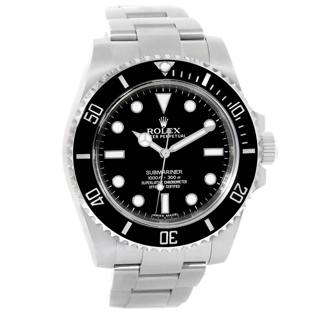 The image shows the front view of the Rolex Submariner 114060 Men's Stainless Steel Black Dial 114060 Men's Stainless Steel Black Dial watch, highlighting its dial, bezel, and bracelet.