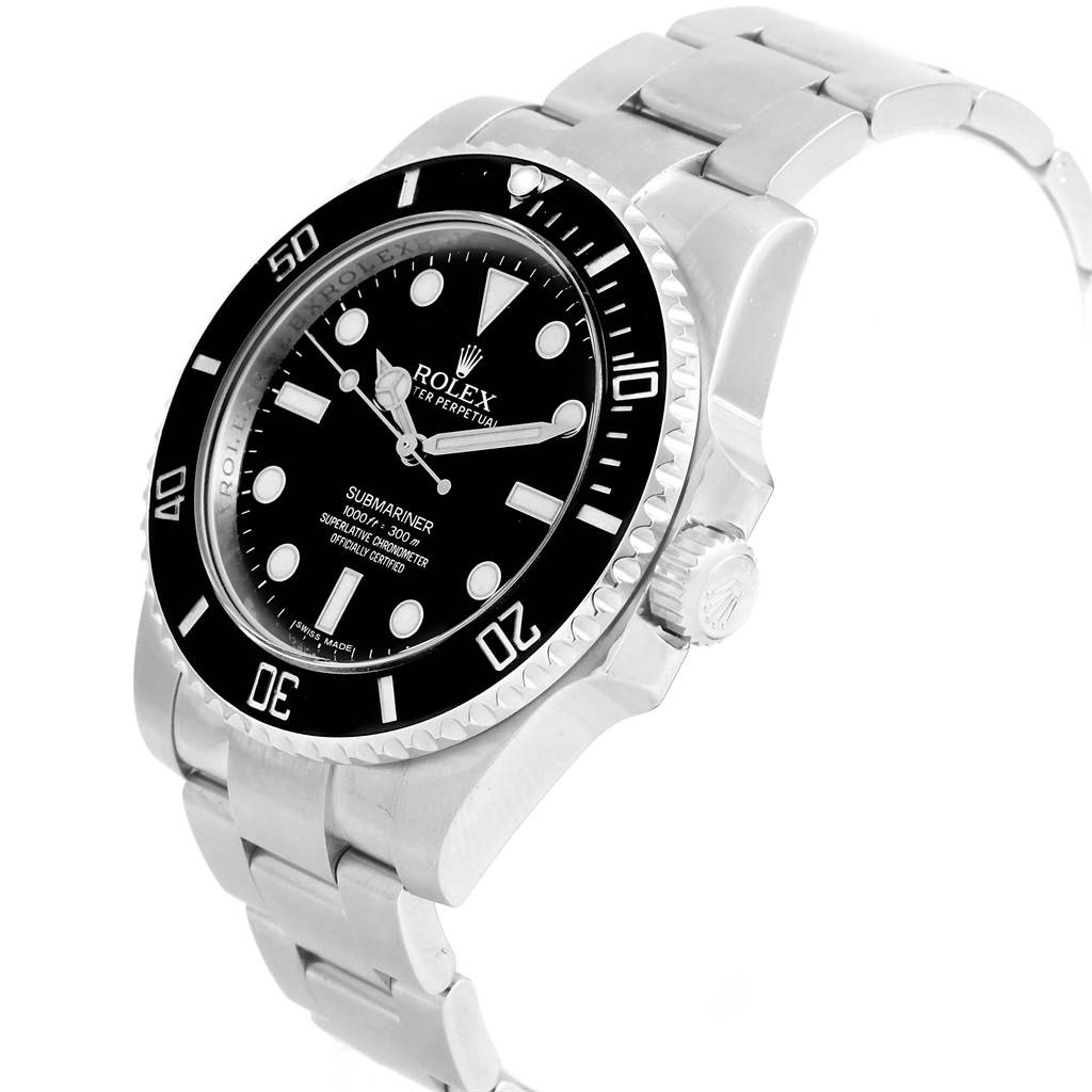The Rolex Submariner 114060 Men's Stainless Steel Black Dial 114060 Men's Stainless Steel Black Dial watch is shown at an angle displaying the dial, bezel, bracelet, and crown.