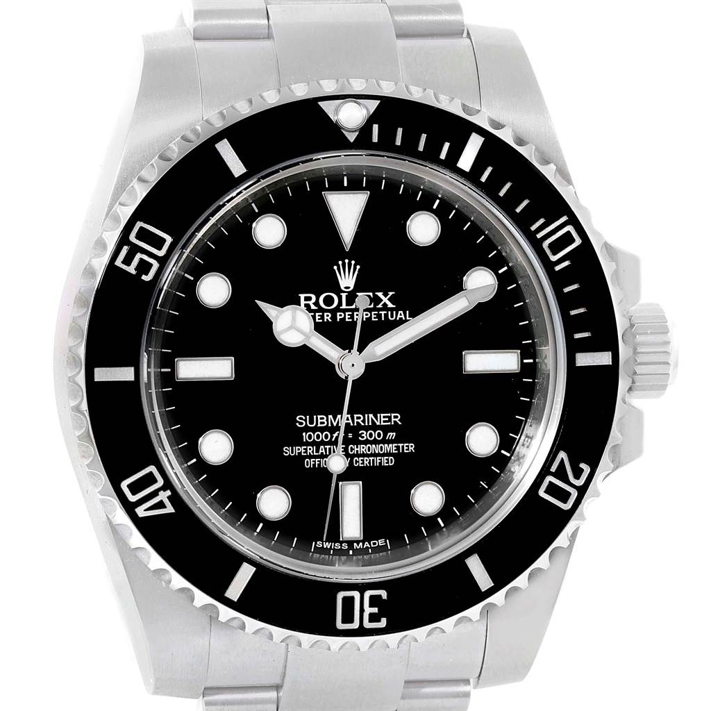 This image shows a front view of the Rolex Submariner 114060 Men's Stainless Steel Black Dial 114060 Men's Stainless Steel Black Dial, highlighting the dial, bezel, and bracelet.