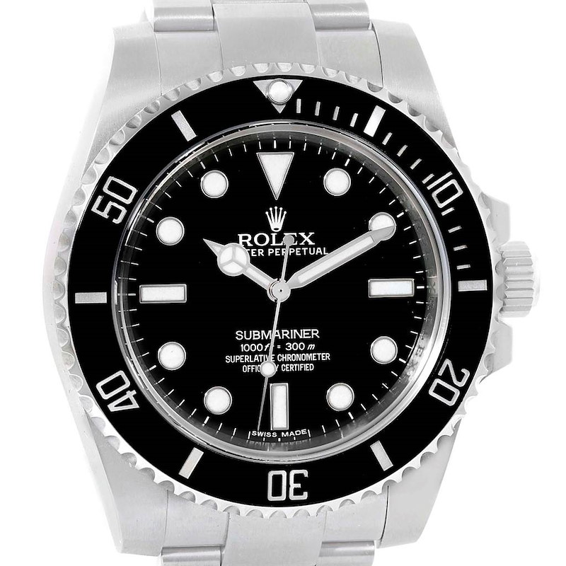 This image shows a front view of the Rolex Submariner 114060 Men's Stainless Steel Black Dial 114060 Men's Stainless Steel Black Dial, highlighting the dial, bezel, and bracelet.