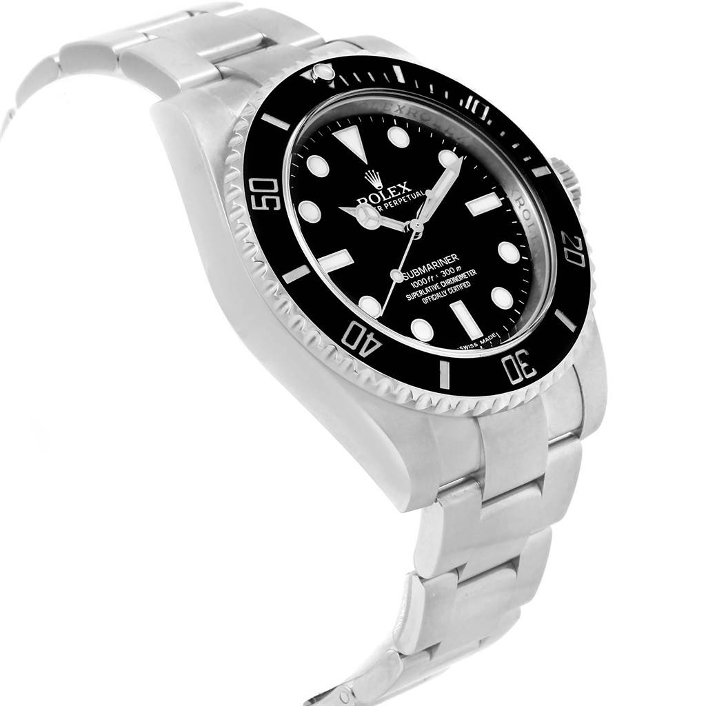 This image of a Rolex Submariner 114060 Men's Stainless Steel Black Dial 114060 Men's Stainless Steel Black Dial watch is taken from a top-side angle, prominently showing the dial, bezel, and bracelet.