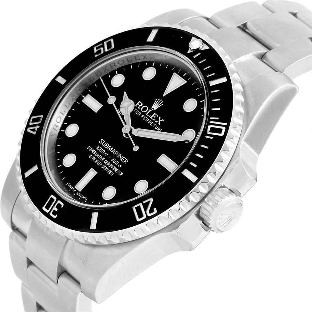 This image shows a Rolex Submariner 114060 Men's Stainless Steel Black Dial 114060 Men's Stainless Steel Black Dial watch at an angle highlighting the dial, bezel, case, and part of the bracelet.