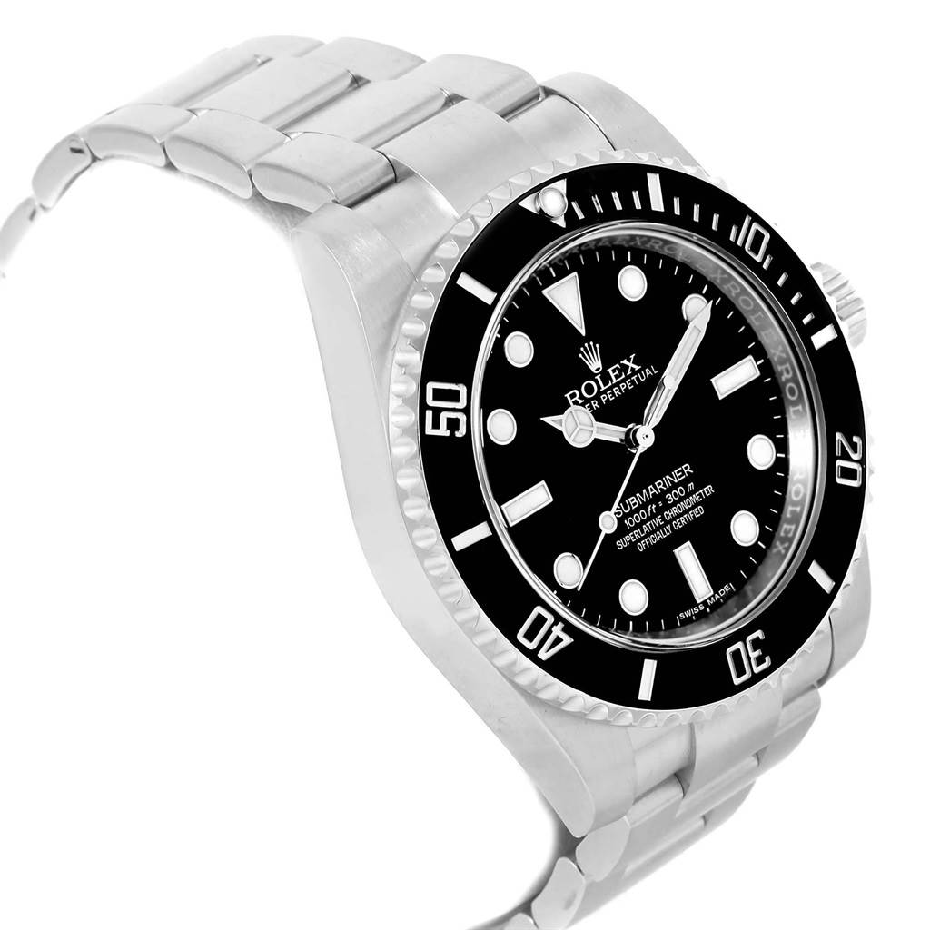 The image shows a side angle of a Rolex Submariner 114060 Men's Stainless Steel Black Dial 114060 Men's Stainless Steel Black Dial watch, highlighting its black dial, bezel, and stainless steel bracelet.