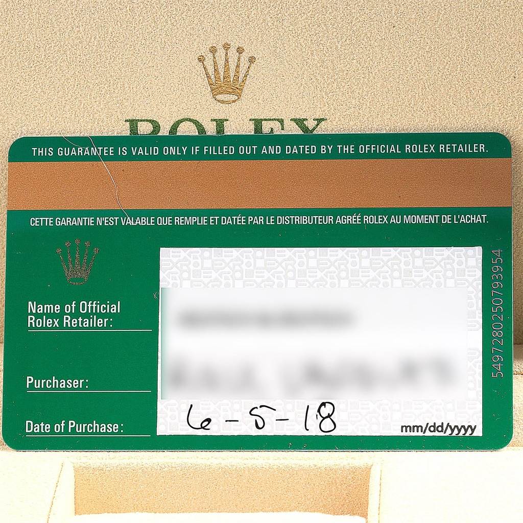 The image shows a guarantee card for the Rolex Submariner 114060 Men's Stainless Steel Black Dial 114060 Men's Stainless Steel Black Dial watch, including retailer and purchase date information.