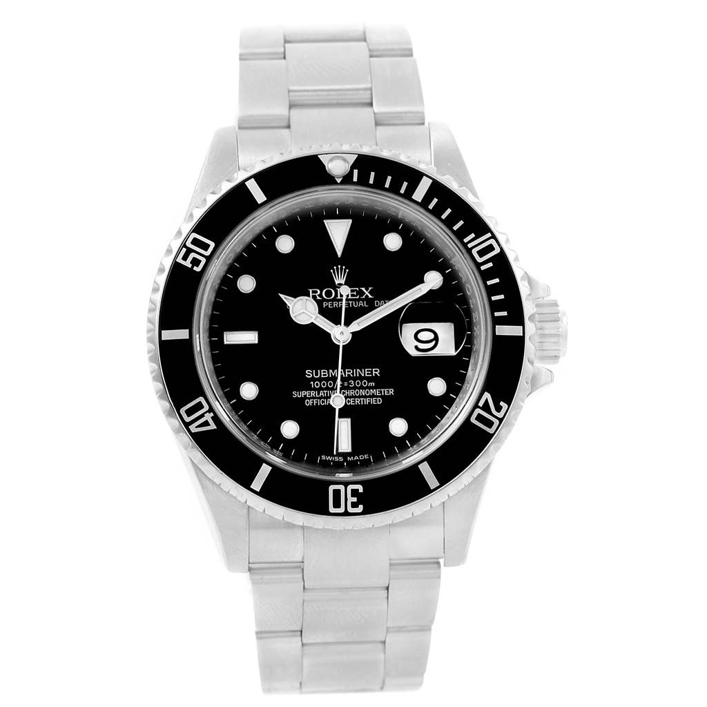 The image shows a front view of a Rolex Submariner 16610 Men's Stainless Steel Black Dial 16610 Men's Stainless Steel Black Dial watch, displaying the face, bezel, crown, and bracelet.