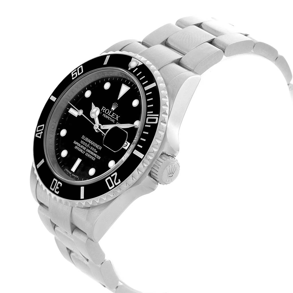 The image shows a side view of a Rolex Submariner 16610 Men's Stainless Steel Black Dial 16610 Men's Stainless Steel Black Dial watch, highlighting its bezel, dial, crown, and bracelet.