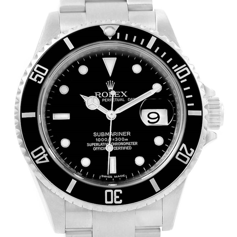 The image shows a front view of a Rolex Submariner 16610 Men's Stainless Steel Black Dial 16610 Men's Stainless Steel Black Dial watch, displaying the dial, bezel, date window, hands, and bracelet.