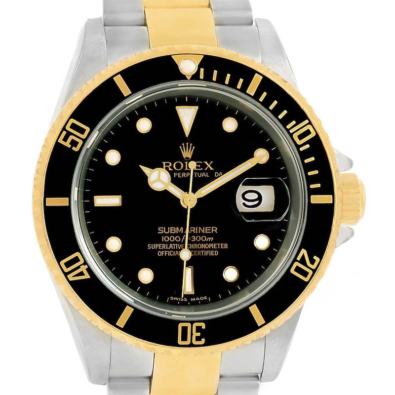 This image shows a front view of the Rolex Submariner 16613 Men's Steel and Gold (two tone) Black Dial 16613 Men's Steel and Gold (two tone) Black Dial watch, displaying the dial, bezel, and part of the bracelet.