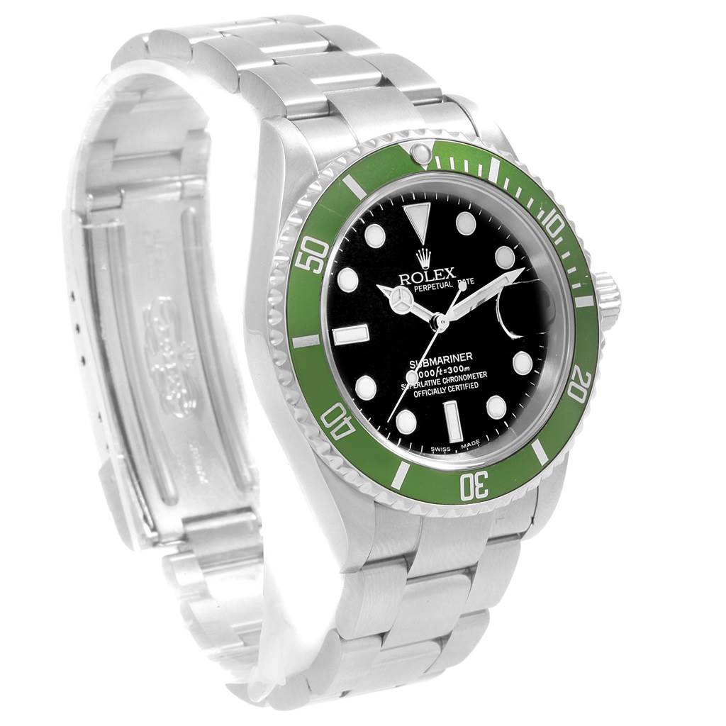 The image shows a Rolex Submariner 16610LV Men's Stainless Steel Black Dial 16610LV Men's Stainless Steel Black Dial watch at a 3/4 angle, highlighting its green bezel, black dial, and metal bracelet.