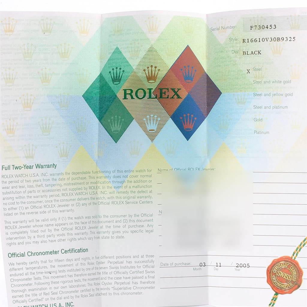 The image shows the warranty card and certification papers for a Rolex Submariner 16610LV Men's Stainless Steel Black Dial 16610LV Men's Stainless Steel Black Dial, detailing model and specifications.