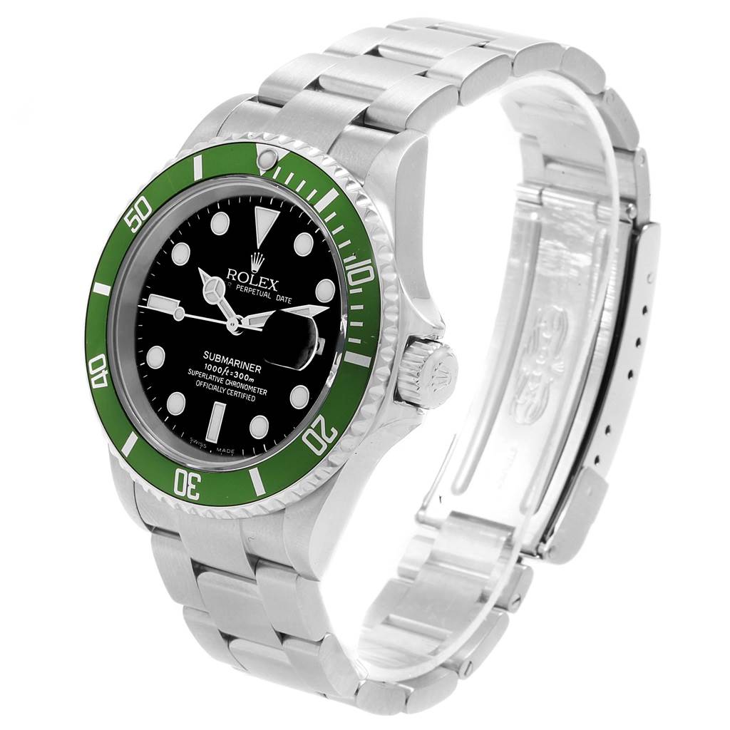 The image shows a side view of the Rolex Submariner 16610LV Men's Stainless Steel Black Dial 16610LV Men's Stainless Steel Black Dial watch, highlighting its green bezel, black dial, and stainless steel bracelet.