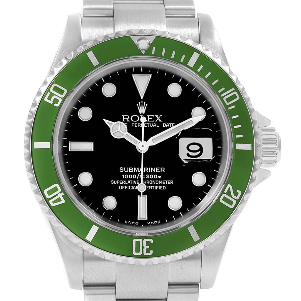 This image shows a front view of the Rolex Submariner 16610LV Men's Stainless Steel Black Dial 16610LV Men's Stainless Steel Black Dial watch, highlighting the green bezel, black dial, and bracelet.