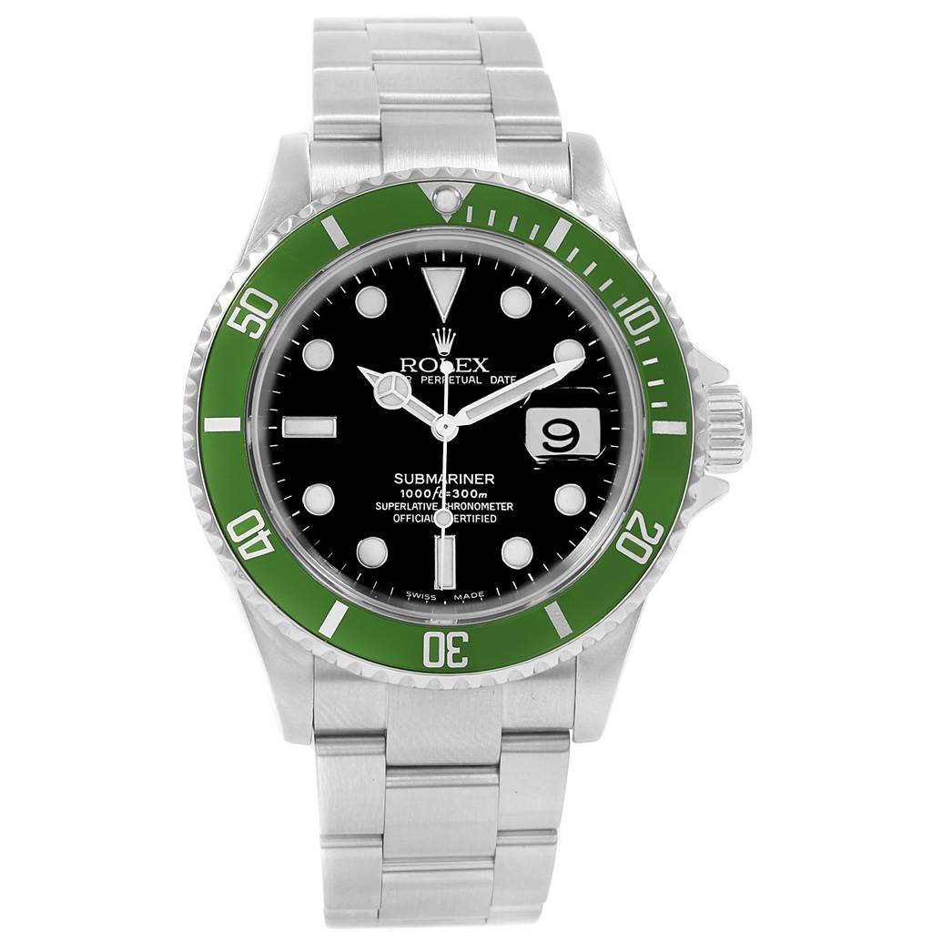 This is a front view of a Rolex Submariner 16610LV Men's Stainless Steel Black Dial 16610LV Men's Stainless Steel Black Dial watch showing the black dial, date window, green bezel, and stainless steel bracelet.