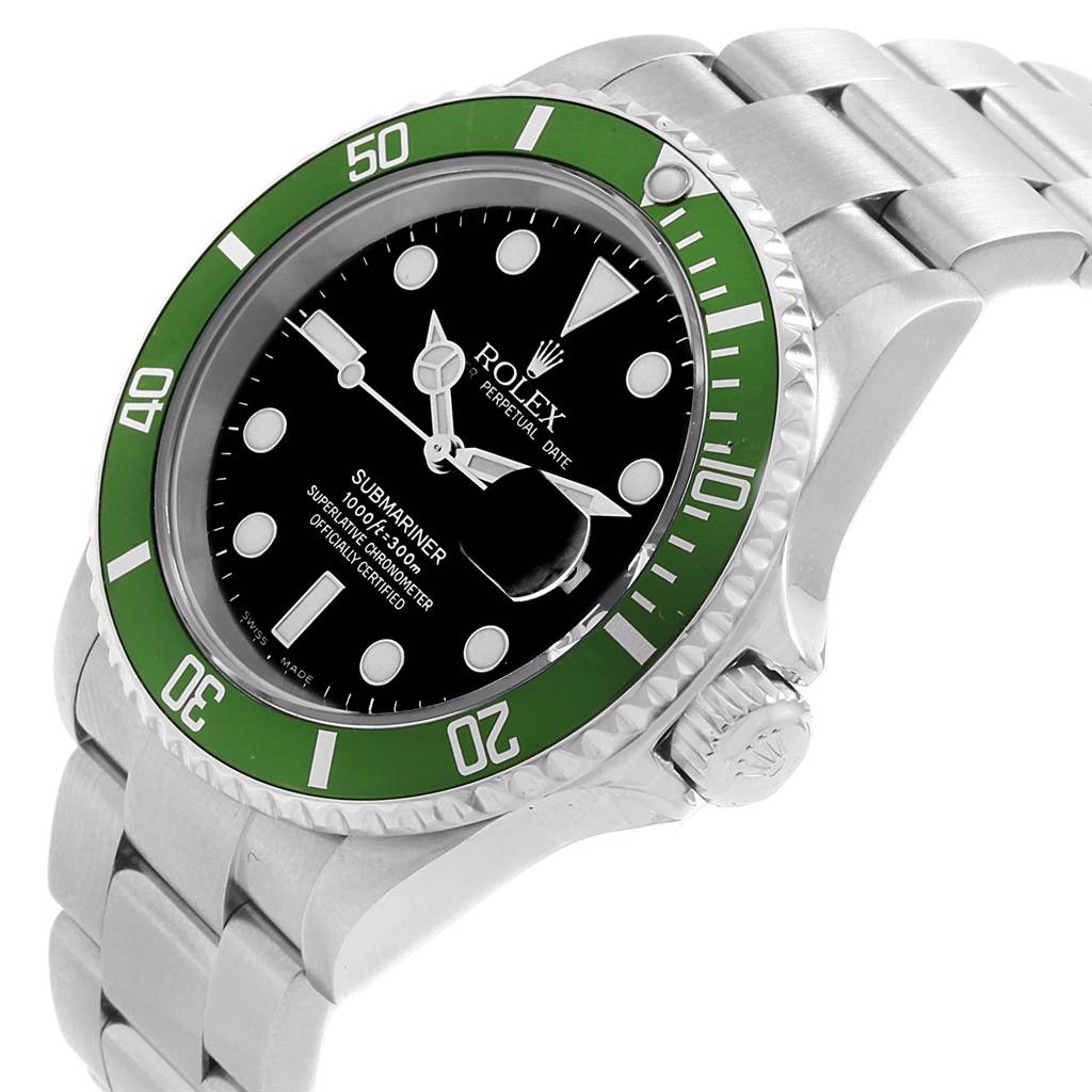 The image displays a Rolex Submariner 16610LV Men's Stainless Steel Black Dial 16610LV Men's Stainless Steel Black Dial watch at an angled view showing its green bezel, black dial, and stainless steel bracelet.