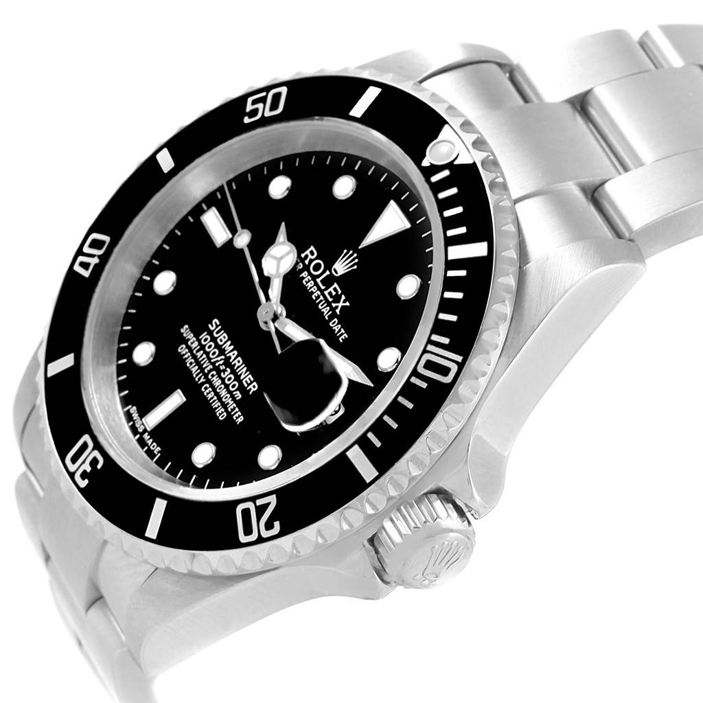 The image shows a close-up angle of the Rolex Submariner 16610 Men's Stainless Steel Black Dial 16610 Men's Stainless Steel Black Dial watch, highlighting its face, bezel, crown, and part of the bracelet.
