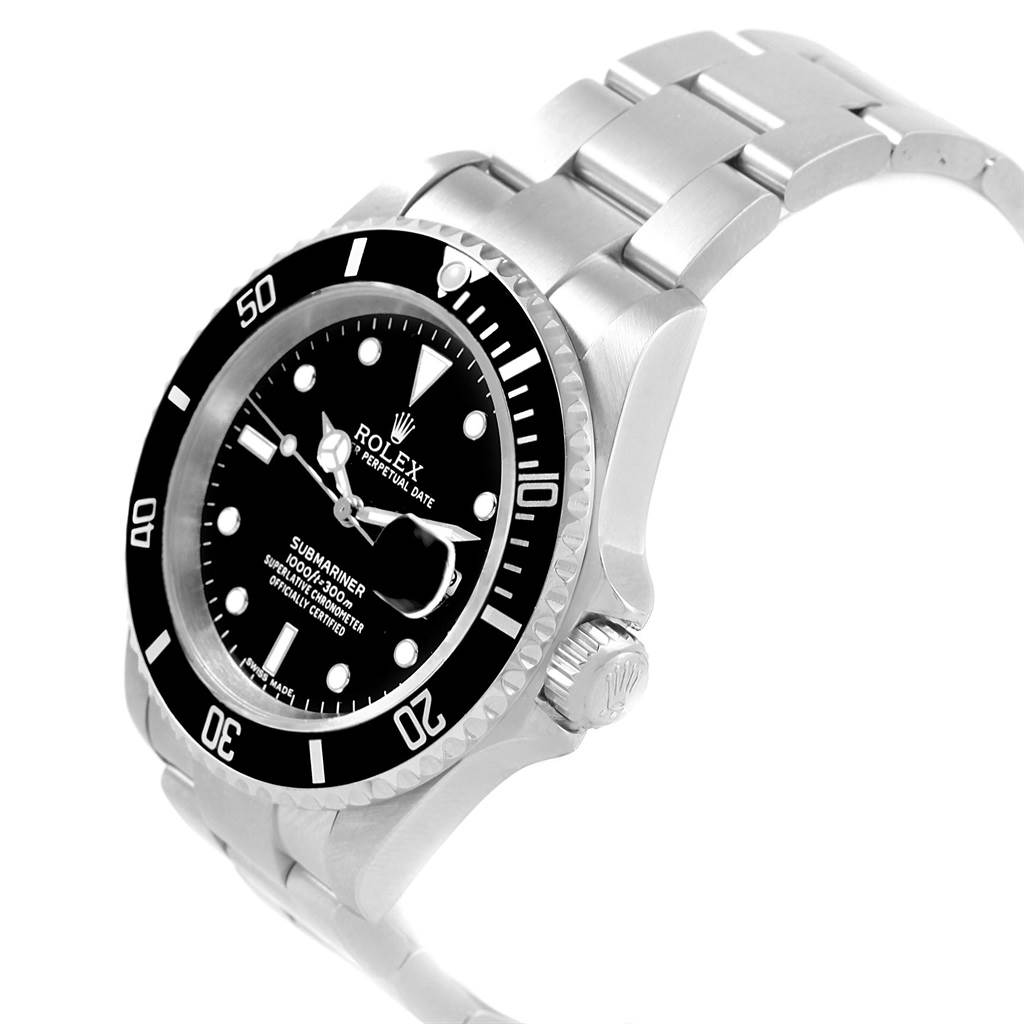 The Rolex Submariner 16610 Men's Stainless Steel Black Dial 16610 Men's Stainless Steel Black Dial watch is shown from an angled side view, highlighting its face, crown, and bracelet.