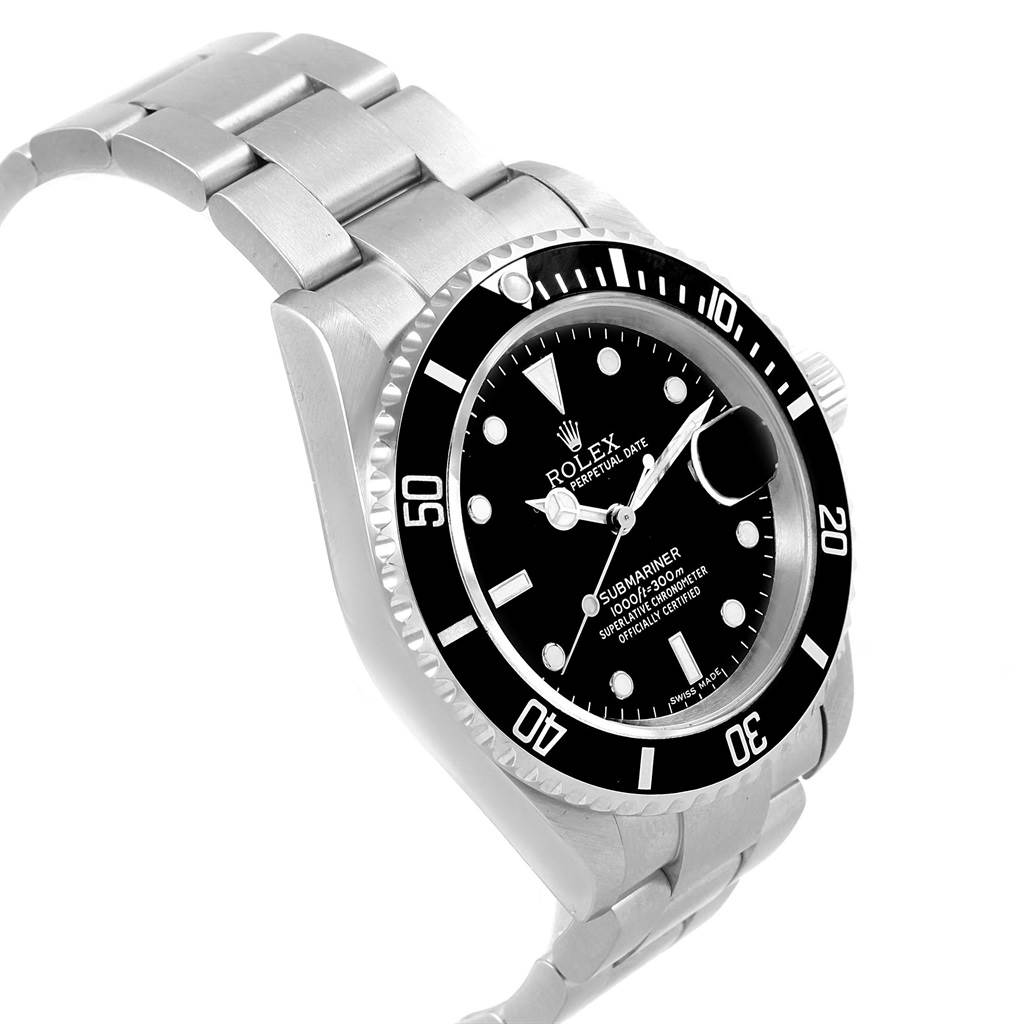 The image shows a side-angle view of the Rolex Submariner 16610 Men's Stainless Steel Black Dial 16610 Men's Stainless Steel Black Dial watch, highlighting its black dial, bezel, and stainless steel bracelet.