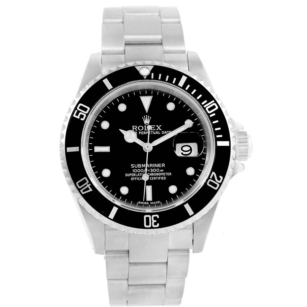 The image shows a front view of a Rolex Submariner 16610 Men's Stainless Steel Black Dial 16610 Men's Stainless Steel Black Dial watch, displaying the dial, bezel, and bracelet.
