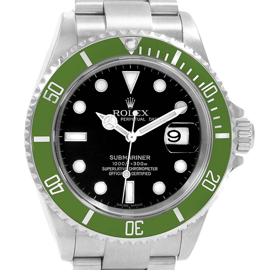 The image shows a front view of a Rolex Submariner 16610LV Men's Stainless Steel Black Dial 16610LV Men's Stainless Steel Black Dial watch, highlighting its green bezel, black dial, and date display.