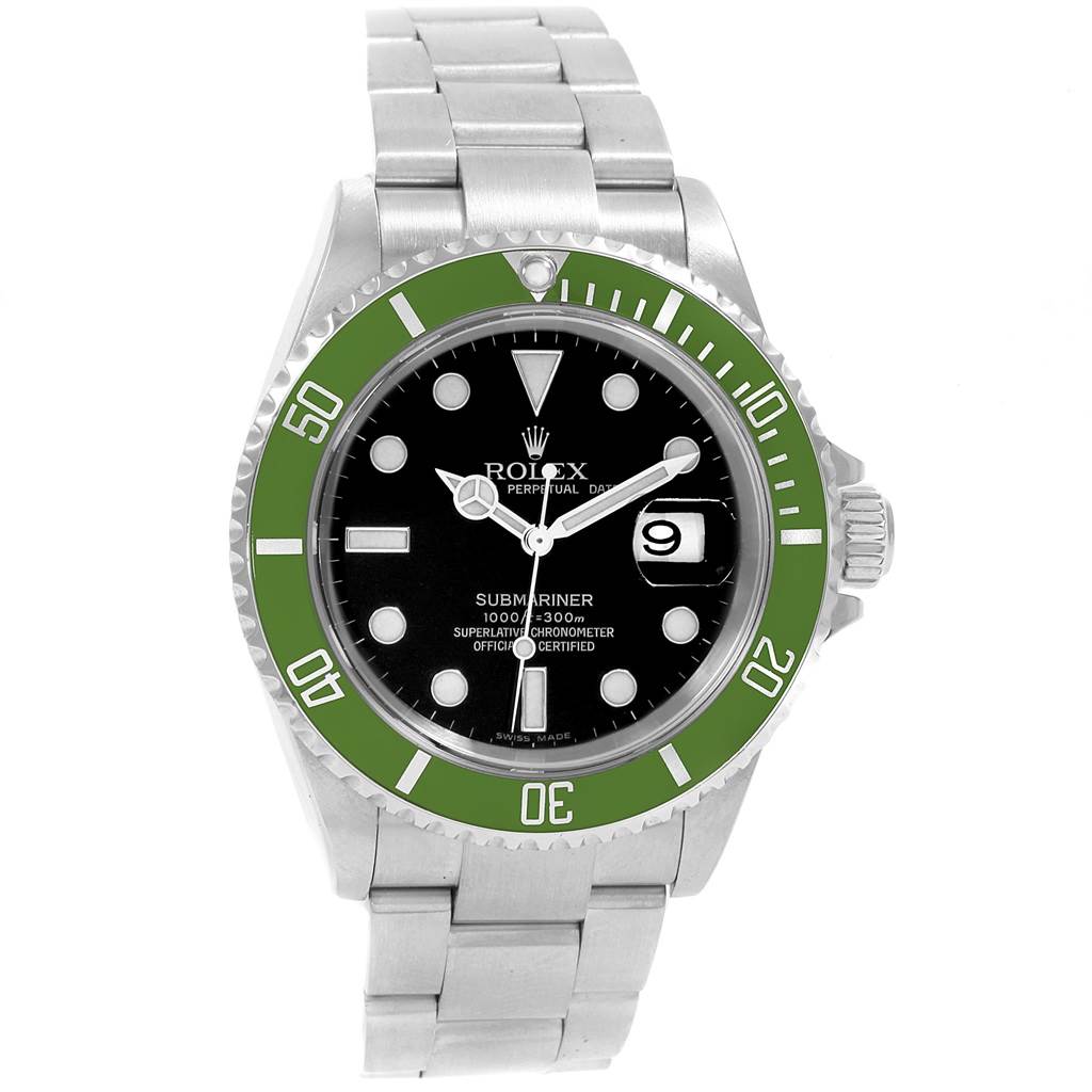 The image shows a front view of the Rolex Submariner 16610LV Men's Stainless Steel Black Dial 16610LV Men's Stainless Steel Black Dial watch, displaying the dial, case, bezel, and bracelet.