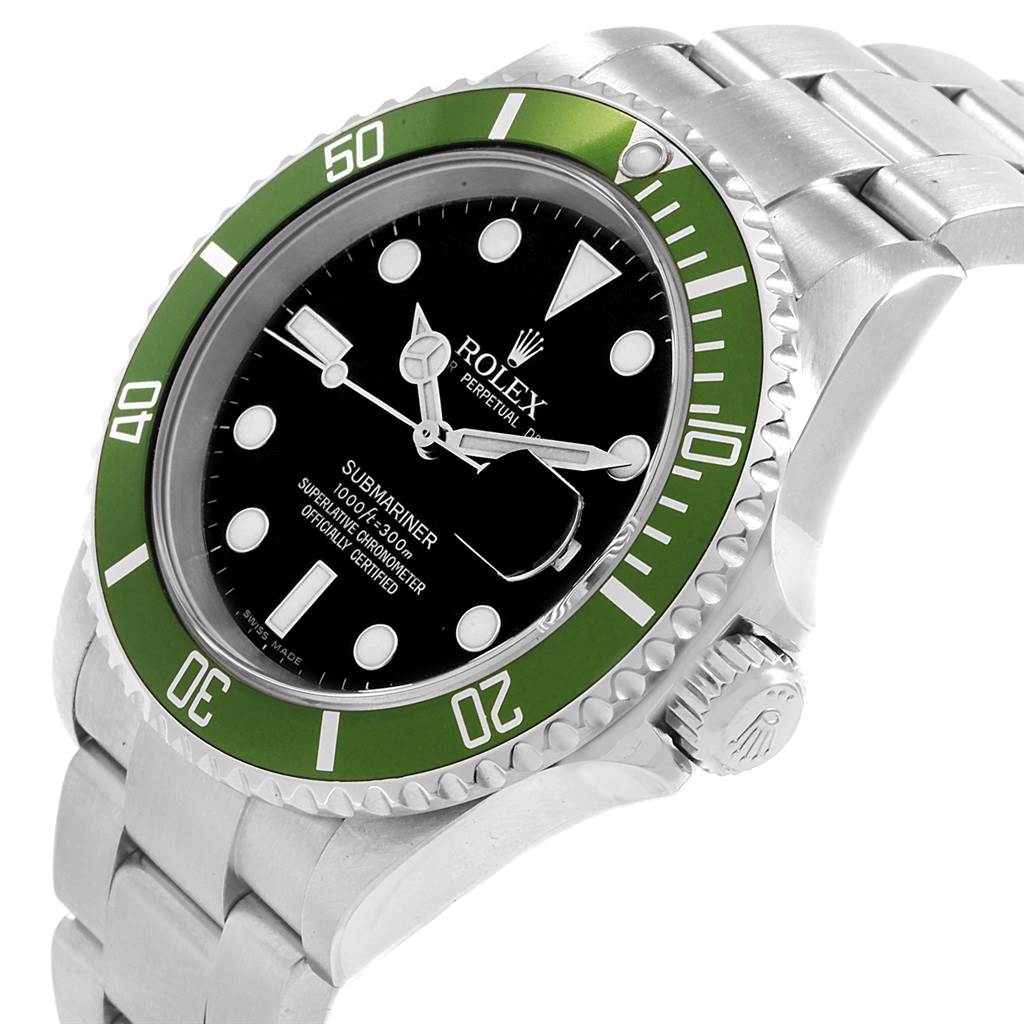 The Rolex Submariner 16610LV Men's Stainless Steel Black Dial 16610LV Men's Stainless Steel Black Dial watch is shown at a slight angle, displaying its green bezel, black dial, and stainless steel bracelet.