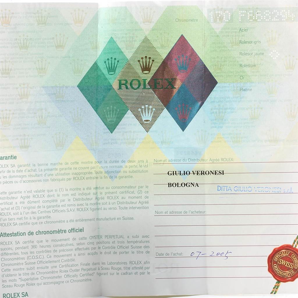 This image shows the guarantee and chronometer certification certificate for a Rolex Submariner 16613 Men's Steel and Gold (two tone) Grey Dial 16613 Men's Steel and Gold (two tone) Grey Dial.