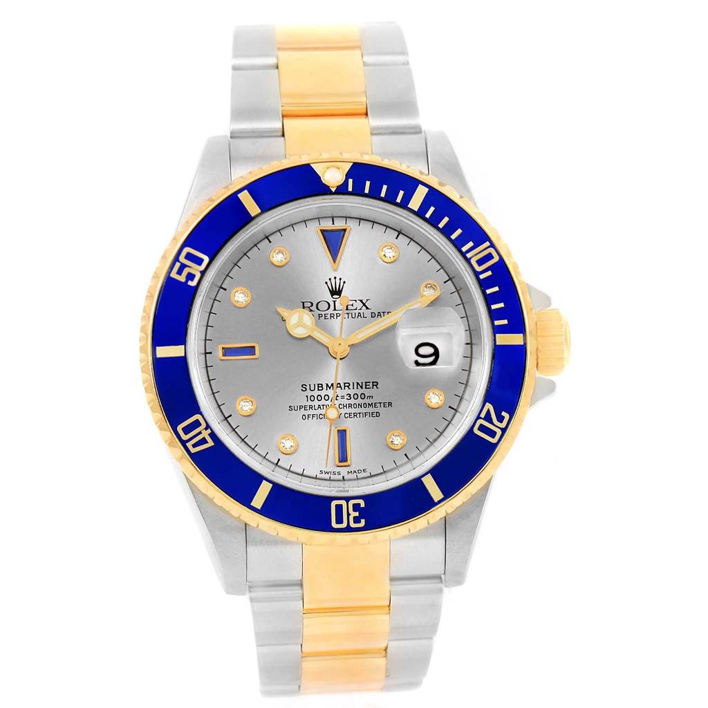 Front view of the Rolex Submariner 16613 Men's Steel and Gold (two tone) Grey Dial 16613 Men's Steel and Gold (two tone) Grey Dial watch showing its face, bezel, and bracelet.