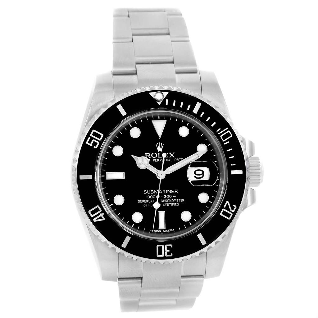 The image shows a front view of a Rolex Submariner 116610 Men's Stainless Steel Black Dial 116610 Men's Stainless Steel Black Dial, including its face, bezel, and bracelet.