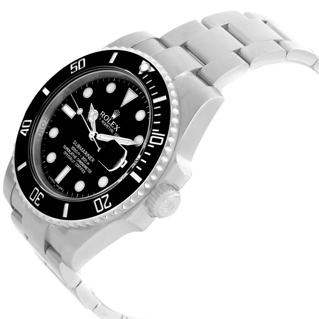 The image shows a side-angle view of a Rolex Submariner 116610 Men's Stainless Steel Black Dial 116610 Men's Stainless Steel Black Dial, highlighting its face, bezel, and bracelet.