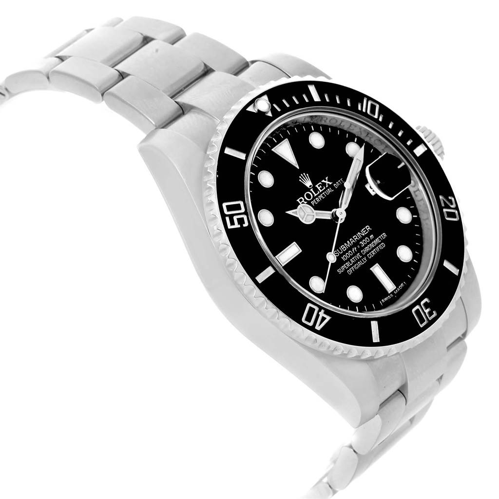 The image shows a Rolex Submariner 116610 Men's Stainless Steel Black Dial 116610 Men's Stainless Steel Black Dial watch angled from the top-left, displaying the face, bezel, and part of the bracelet.