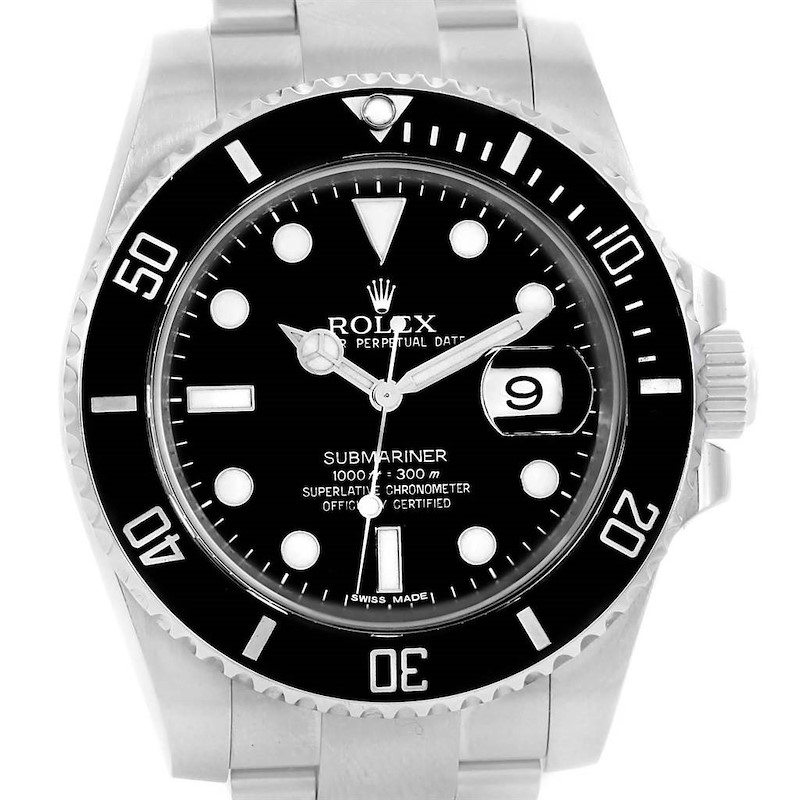 This image shows a front view of the Rolex Submariner 116610 Men's Stainless Steel Black Dial 116610 Men's Stainless Steel Black Dial watch, displaying the dial, hands, bezel, and part of the bracelet.