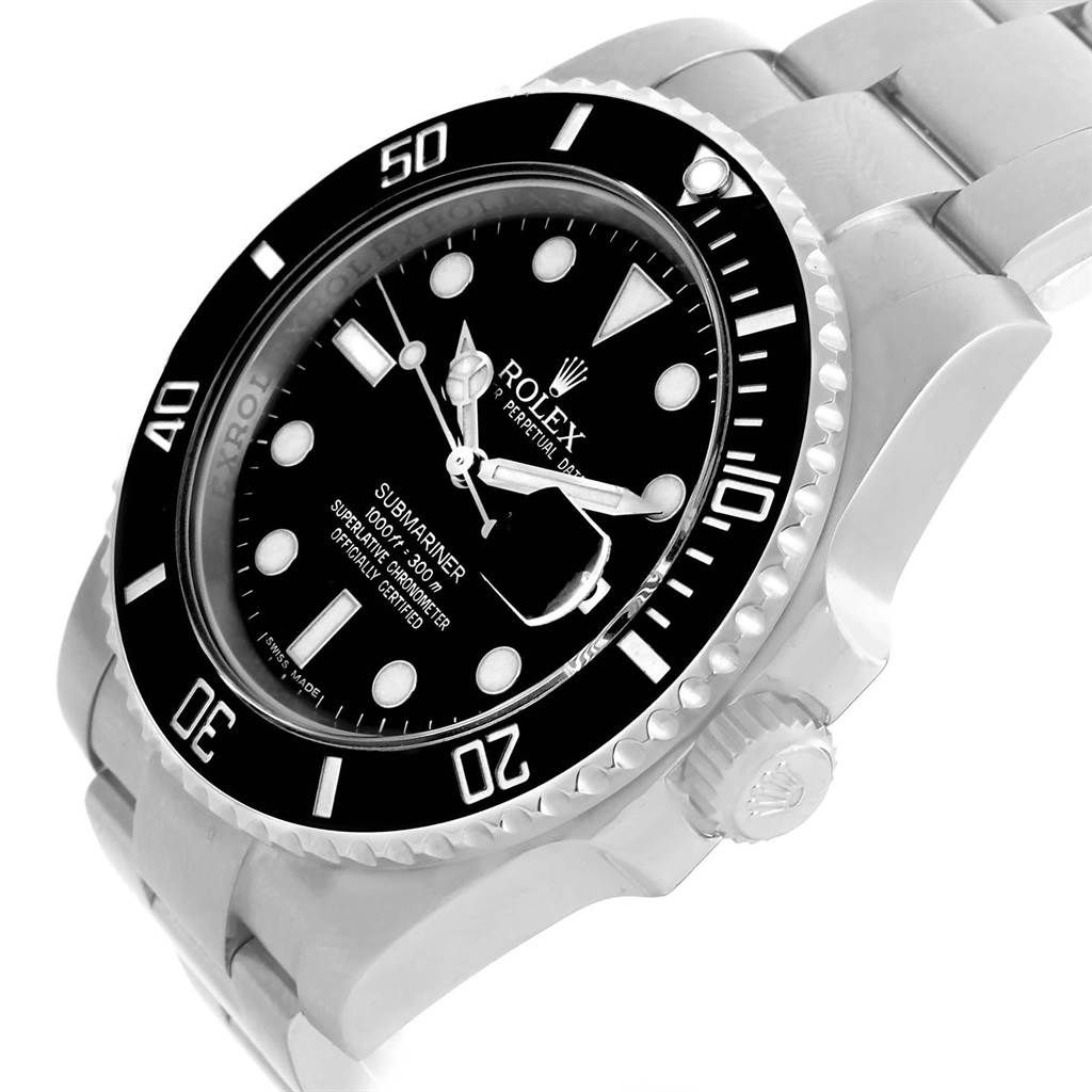 The image shows a close-up angle of the Rolex Submariner 116610 Men's Stainless Steel Black Dial 116610 Men's Stainless Steel Black Dial, highlighting its dial, bezel, crown, and metal bracelet.