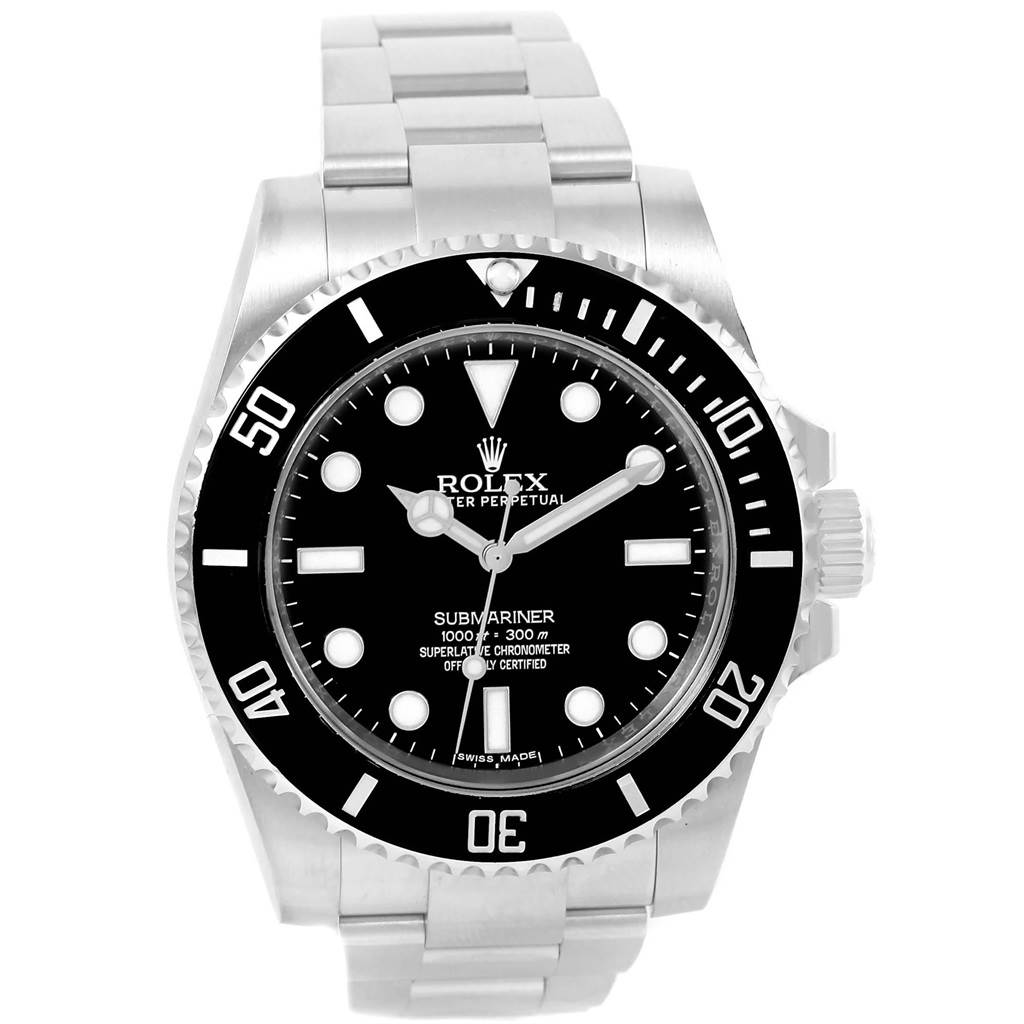 The image shows a front view of a Rolex Submariner 114060 Men's Stainless Steel Black Dial 114060 Men's Stainless Steel Black Dial watch, displaying its black dial, bezel, and stainless steel bracelet.