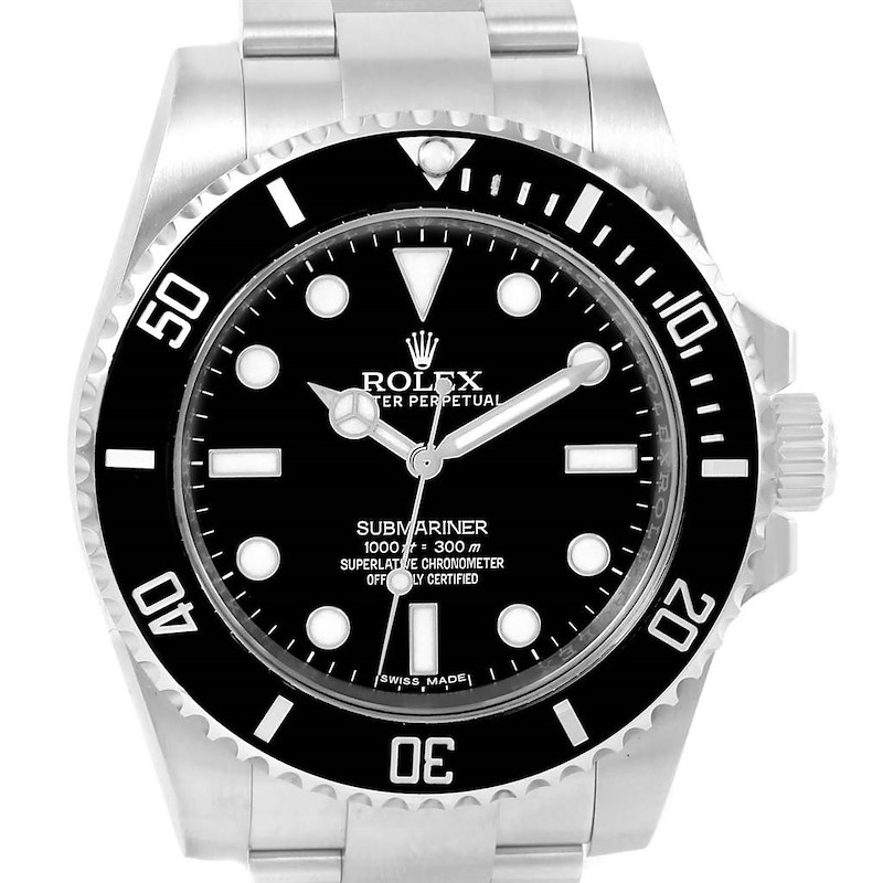 The image shows a front view of a Rolex Submariner 114060 Men's Stainless Steel Black Dial 114060 Men's Stainless Steel Black Dial watch, highlighting its face, bezel, and part of the bracelet.