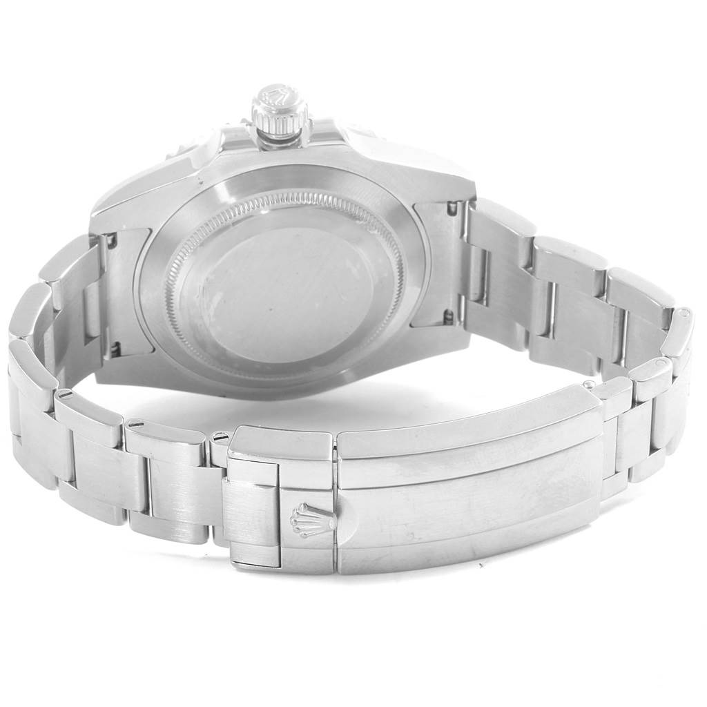 The image shows the backside of a Rolex Submariner 114060 Men's Stainless Steel Black Dial 114060 Men's Stainless Steel Black Dial watch, highlighting the case back, crown, and bracelet with the clasp.