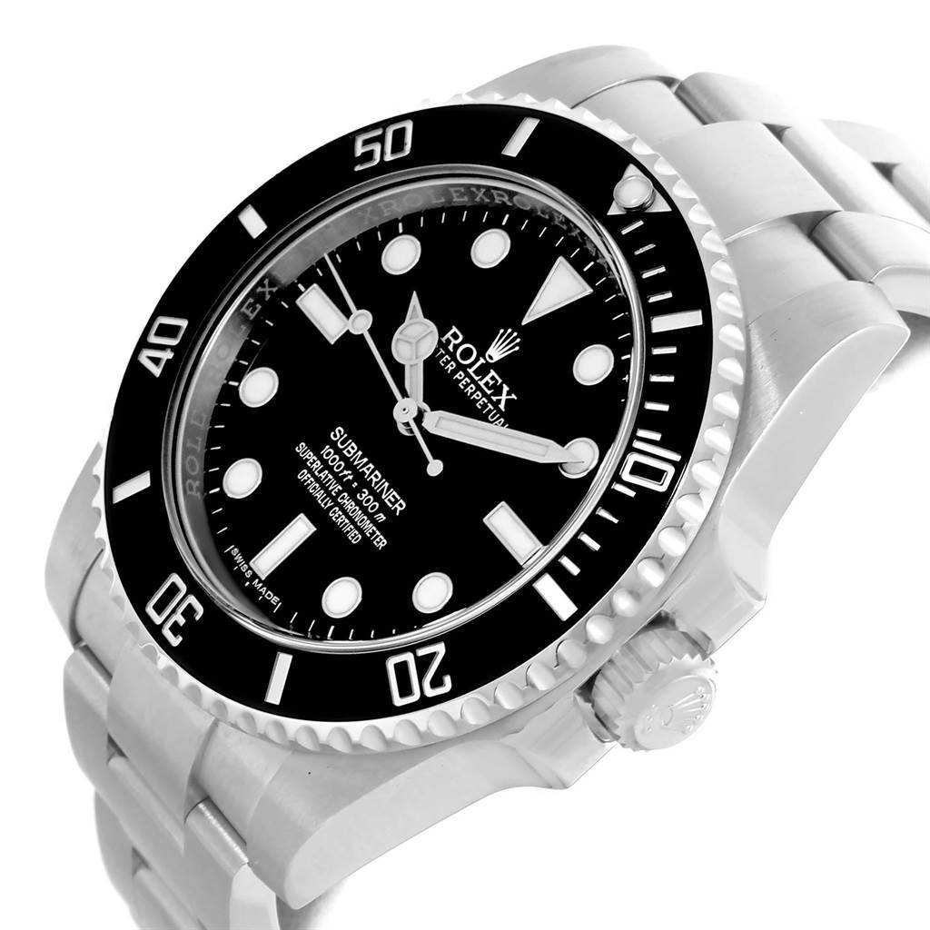 The Rolex Submariner 114060 Men's Stainless Steel Black Dial 114060 Men's Stainless Steel Black Dial watch is shown at an angled top view displaying its dial, bezel, crown, and bracelet.
