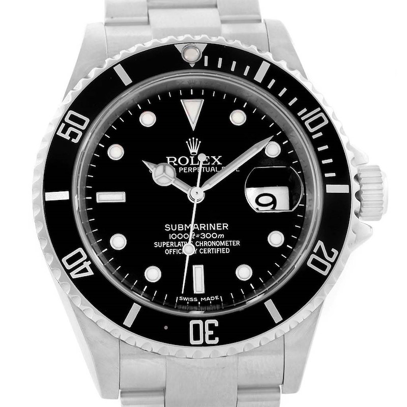 The image shows a front view of a Rolex Submariner 16610 Men's Stainless Steel Black Dial 16610 Men's Stainless Steel Black Dial watch, displaying the dial, bezel, and part of the bracelet.