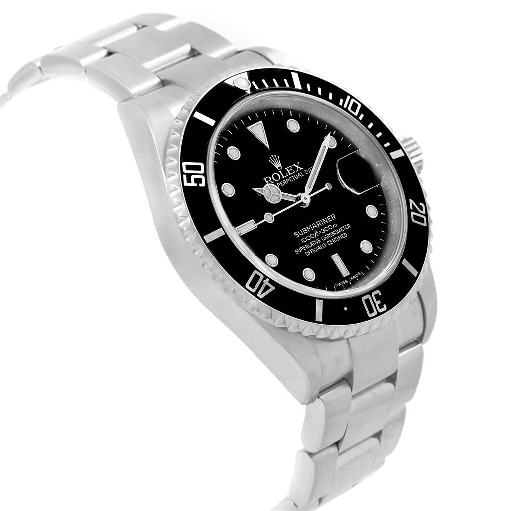 The image shows a Rolex Submariner 16610 Men's Stainless Steel Black Dial 16610 Men's Stainless Steel Black Dial watch at a three-quarter angle, highlighting its black bezel, dial, and stainless steel bracelet.