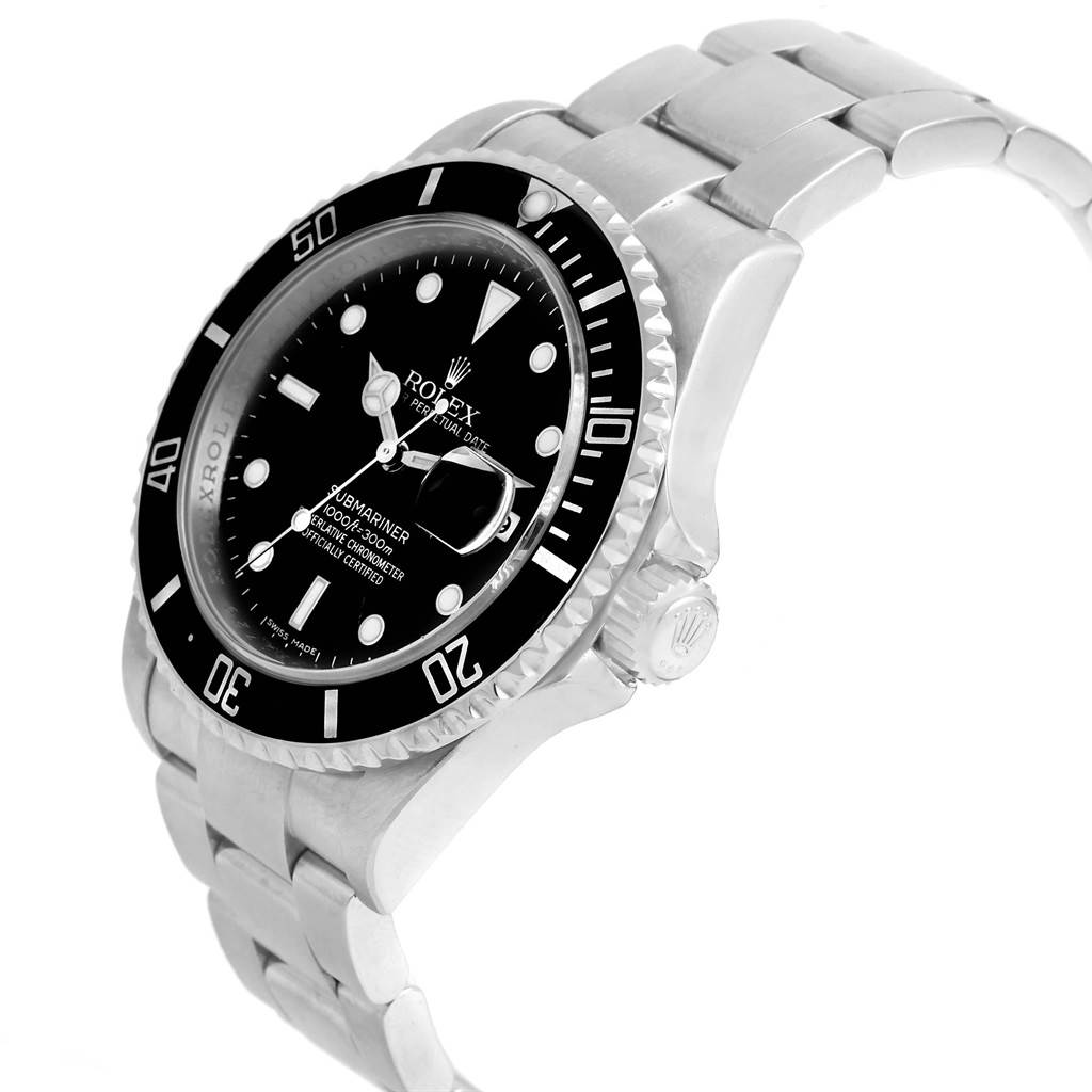 The image shows a Rolex Submariner 16610 Men's Stainless Steel Black Dial 16610 Men's Stainless Steel Black Dial watch angled to display the face, bezel, and part of the metal bracelet.