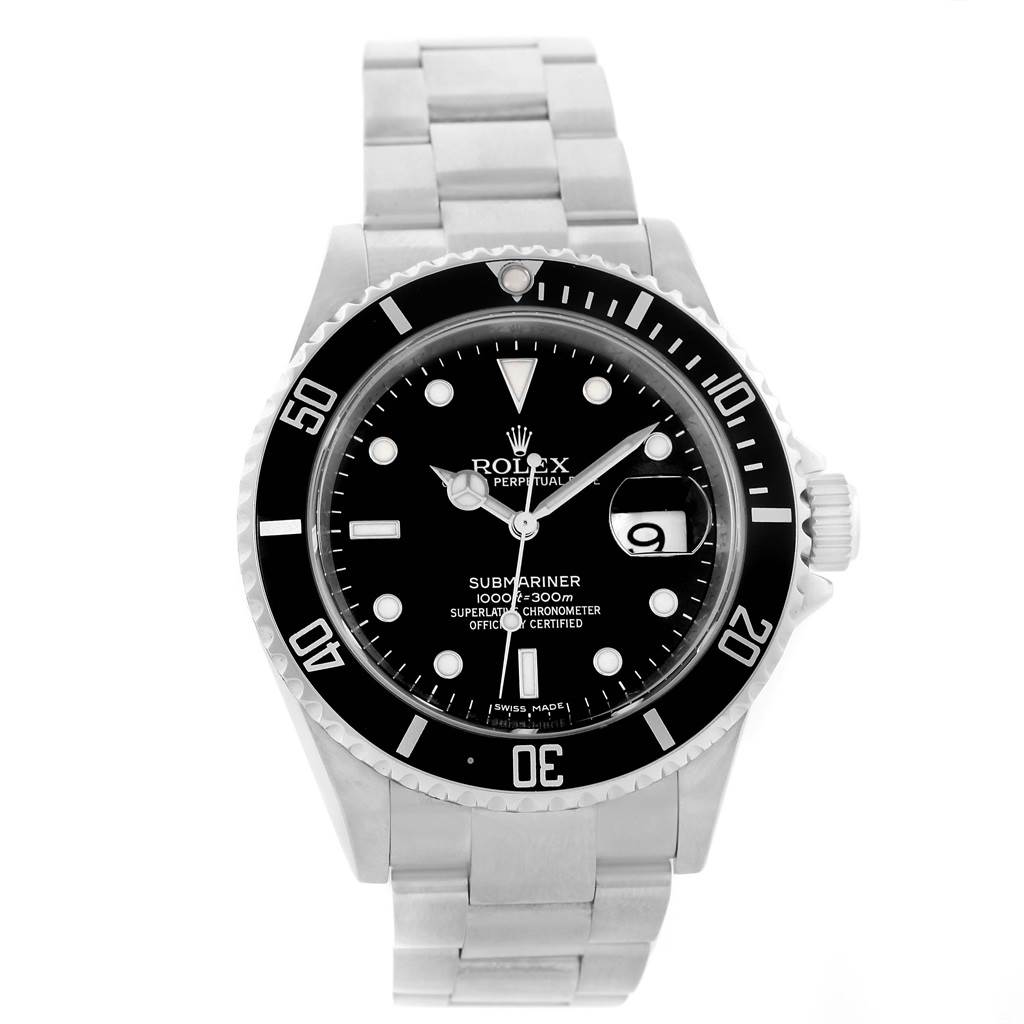 The image shows a front view of a Rolex Submariner 16610 Men's Stainless Steel Black Dial 16610 Men's Stainless Steel Black Dial watch, highlighting the dial, bezel, bracelet, and crown.