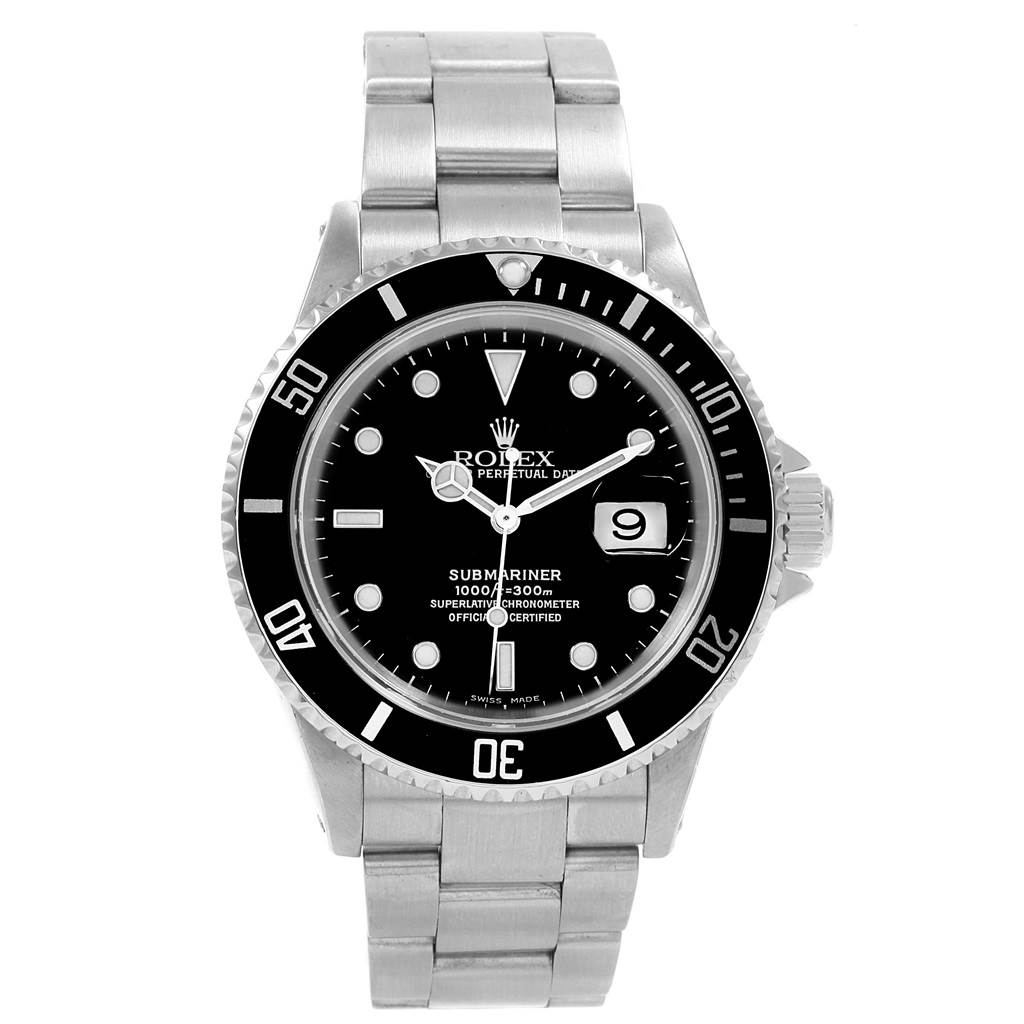 The image shows a front view of the Rolex Submariner 16610 Men's Stainless Steel Black Dial 16610 Men's Stainless Steel Black Dial watch, featuring its black dial, bezel, and stainless steel bracelet.