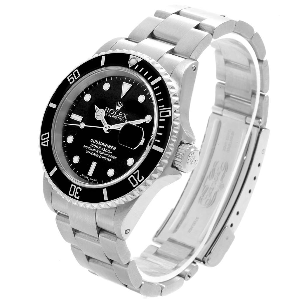 The Rolex Submariner 16610 Men's Stainless Steel Black Dial 16610 Men's Stainless Steel Black Dial watch is shown at a slightly tilted angle, displaying the dial, bezel, crown, and bracelet.