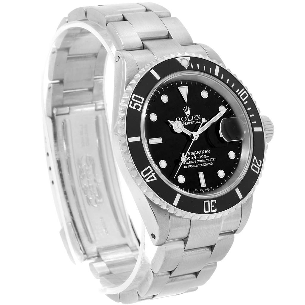 The image shows a stainless steel Rolex Submariner 16610 Men's Stainless Steel Black Dial 16610 Men's Stainless Steel Black Dial watch at a slight angle, displaying the face, bezel, and part of the bracelet.
